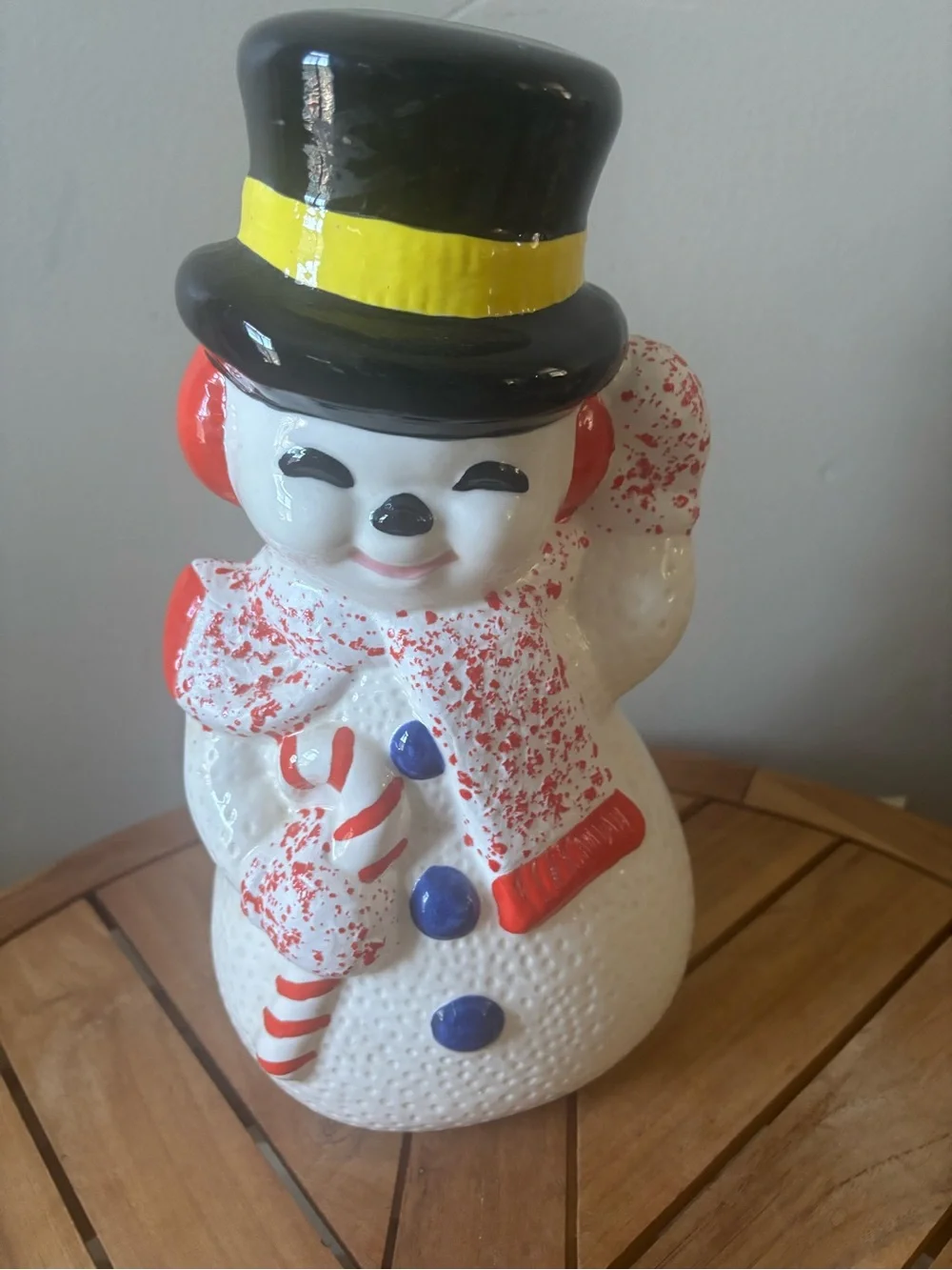 Vintage Snowman Candy Cane Ceramic Sugar Mold Figurine 12”x6” Hand Painted MCM
